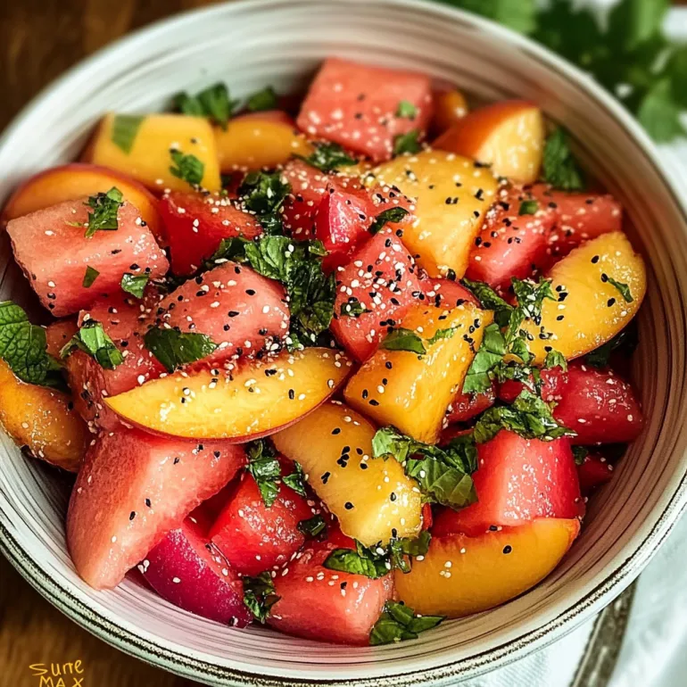 A bowl of watermelon and peaches.