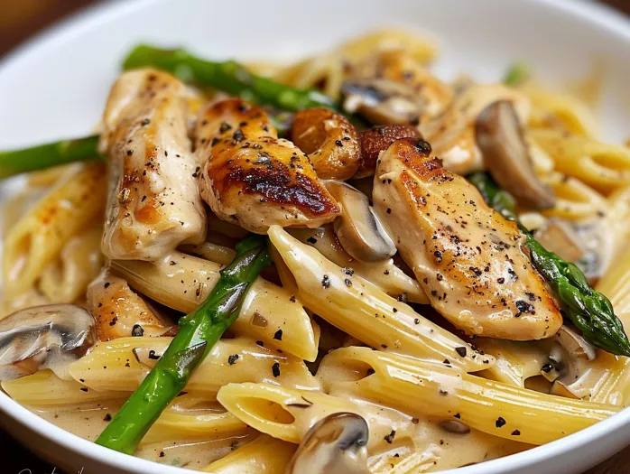 A bowl of creamy mushroom and asparagus chicken penne.