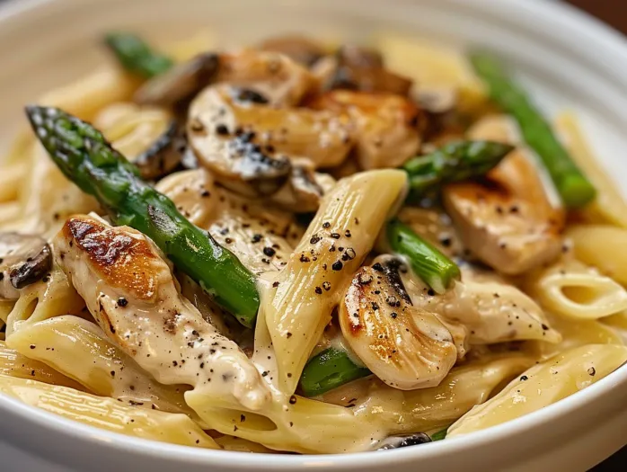 A bowl of creamy mushroom and asparagus chicken penne.