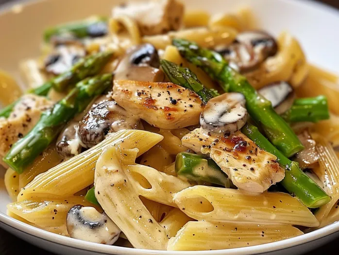 A bowl of creamy mushroom and asparagus chicken penne.