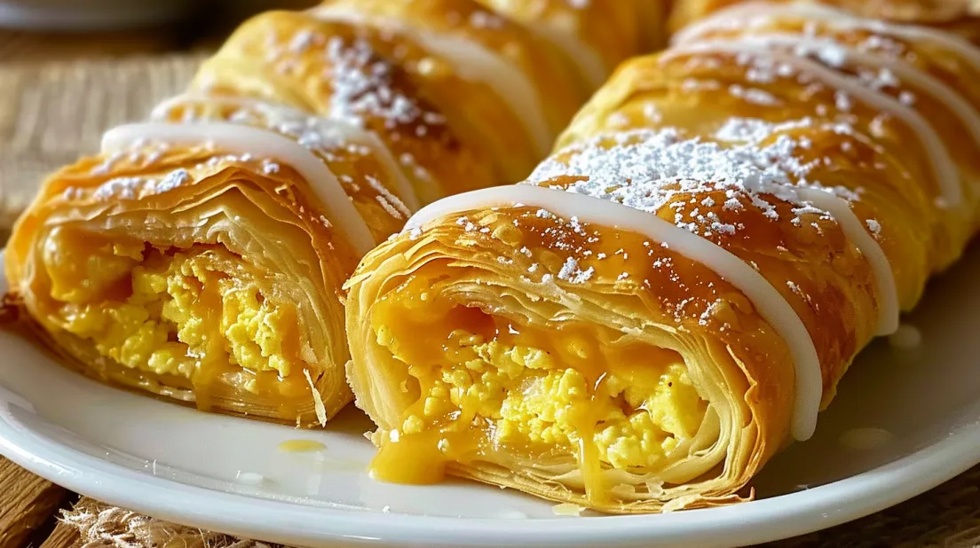 A plate of breakfast roll-ups with eggs and cheese.