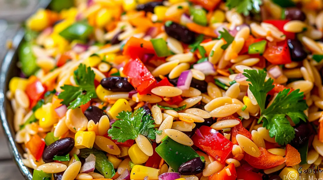 A close up of a bowl of Cowboy Orzo Salad.
