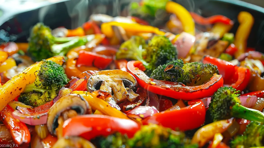 A close up of a dish with a variety of vegetables including broccoli, peppers, and mushrooms.