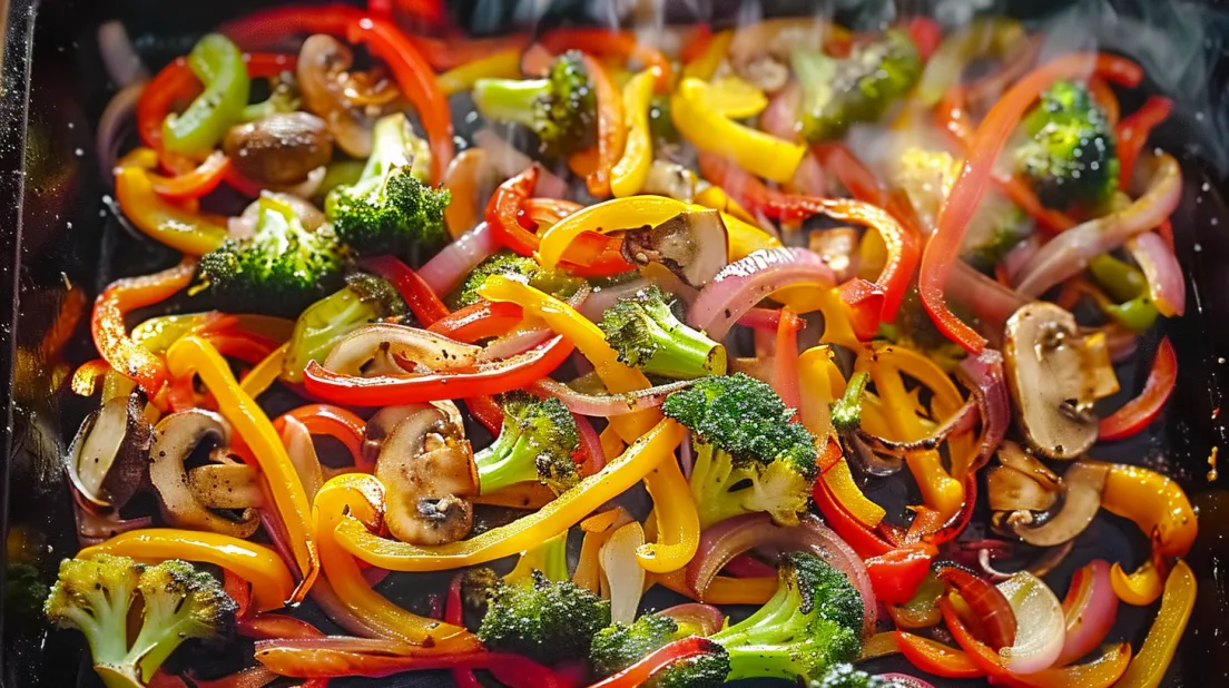 A close up of a colorful salad with broccoli, peppers, and mushrooms.
