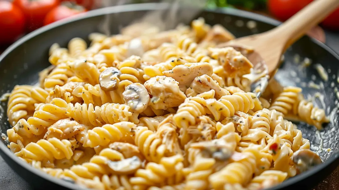 A bowl of rotini pasta with chicken.