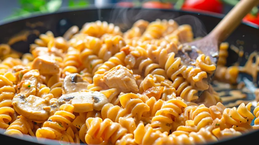 A bowl of pasta with chicken and mushrooms.