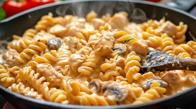 A bowl of pasta with chicken and mushrooms.