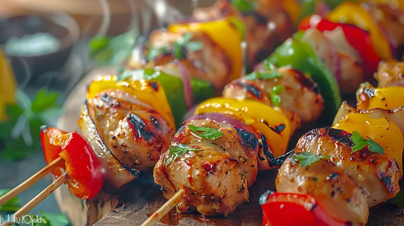 A skewer of chicken kebabs with peppers and onions.
