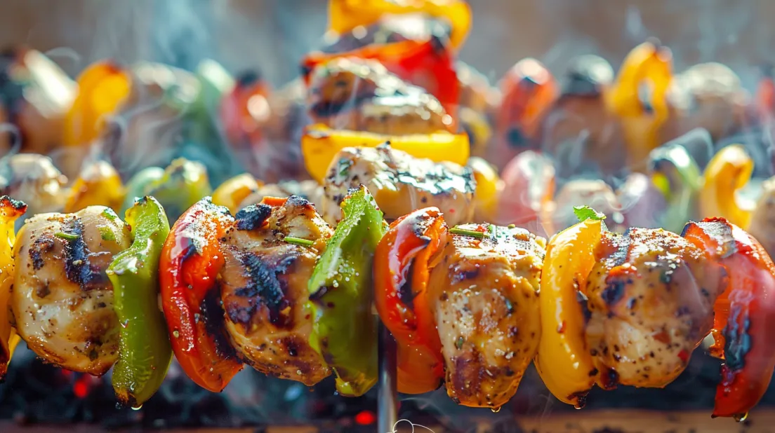 Chicken kebabs on a stick.
