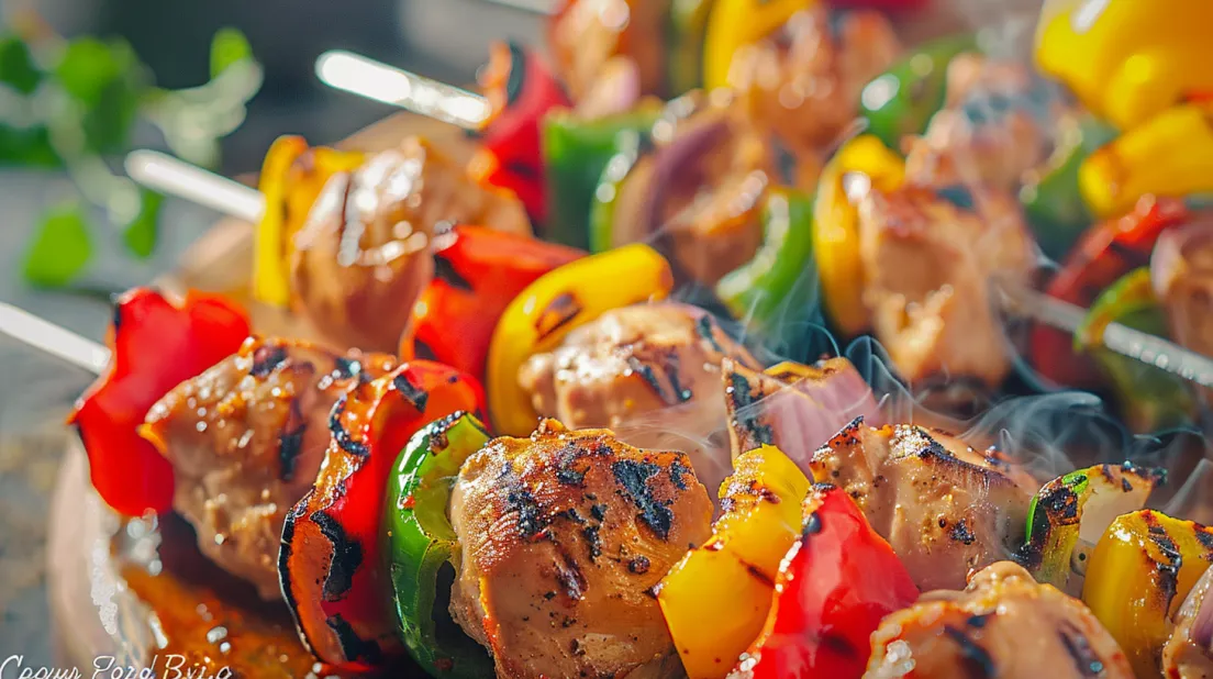 Chicken kebabs with peppers and onions.