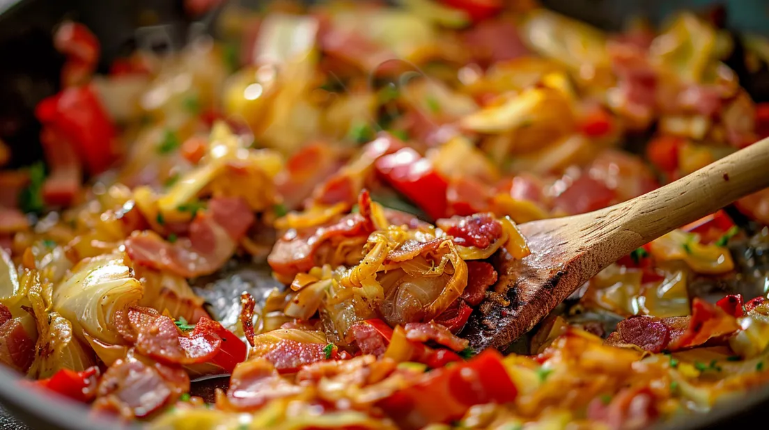A close up of a spaghetti dish with meat and vegetables.