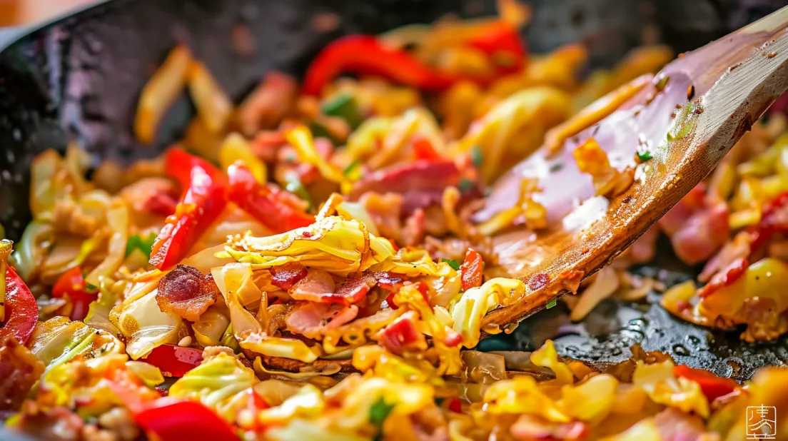 A close up of a spaghetti dish with meat and vegetables.