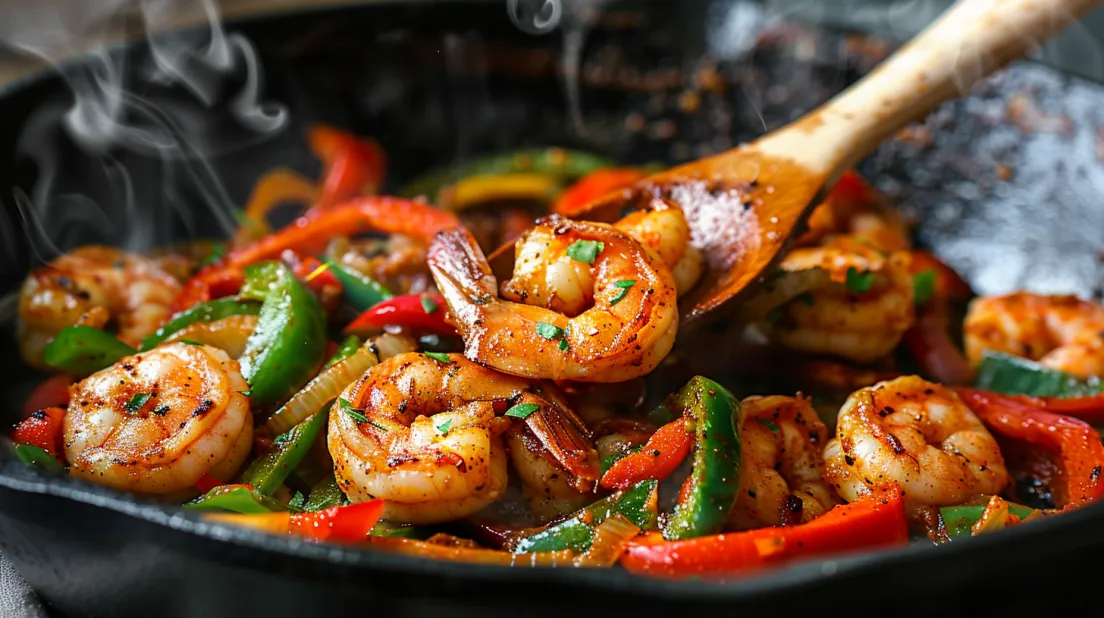 A pan of shrimp fajitas with peppers and onions.