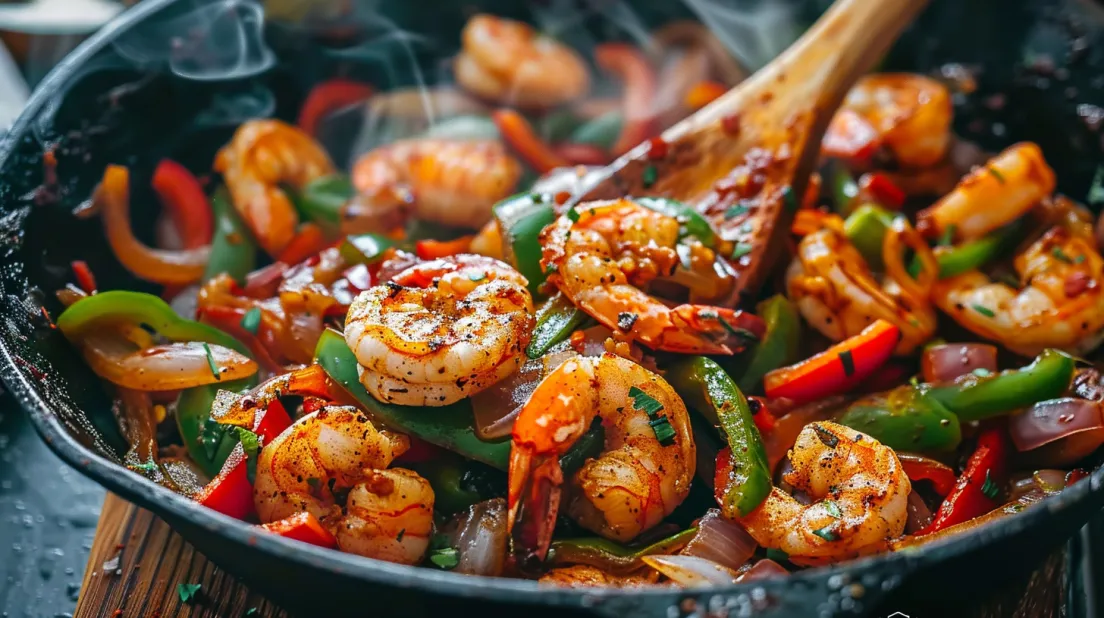 A delicious shrimp fajita with peppers and onions.