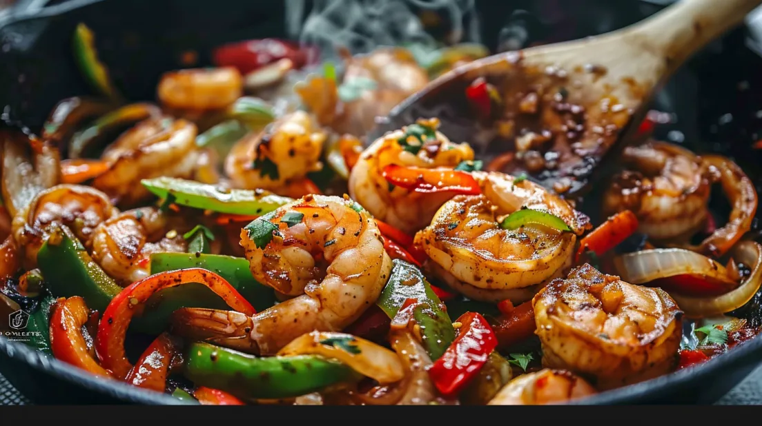 A close up of a delicious shrimp fajita.