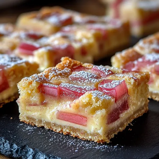 A close up of a dessert with a white frosting and a slice of rhubarb.