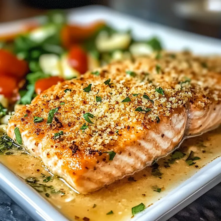 A plate of baked salmon with parmesan crust.