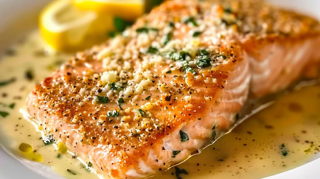 A piece of baked salmon with parmesan crust.