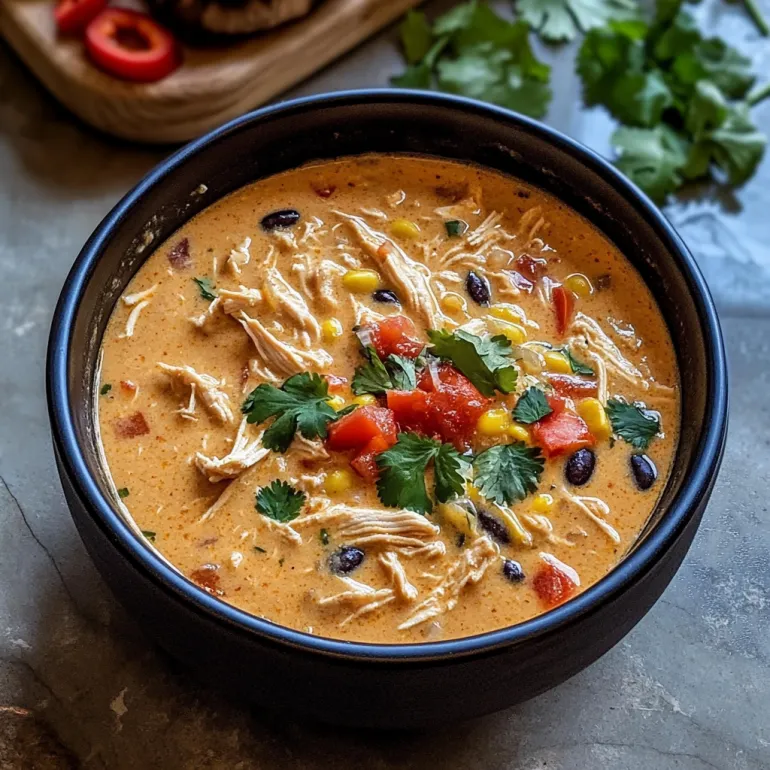A bowl of soup with chicken, corn, and tomatoes.