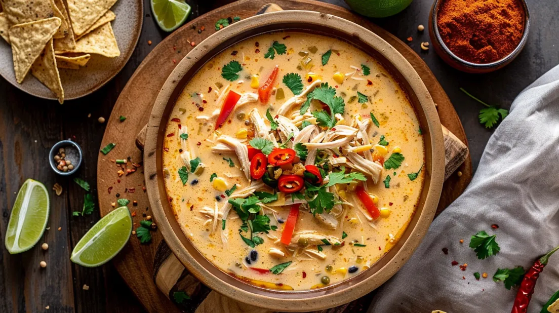 A bowl of creamy chicken tortilla soup.
