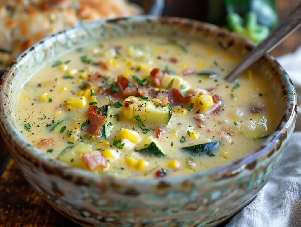 A bowl of corn and zucchini chowder.