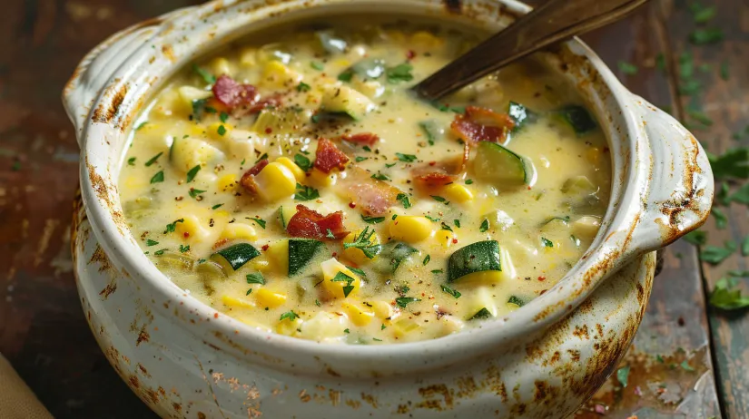 A bowl of corn and zucchini chowder.