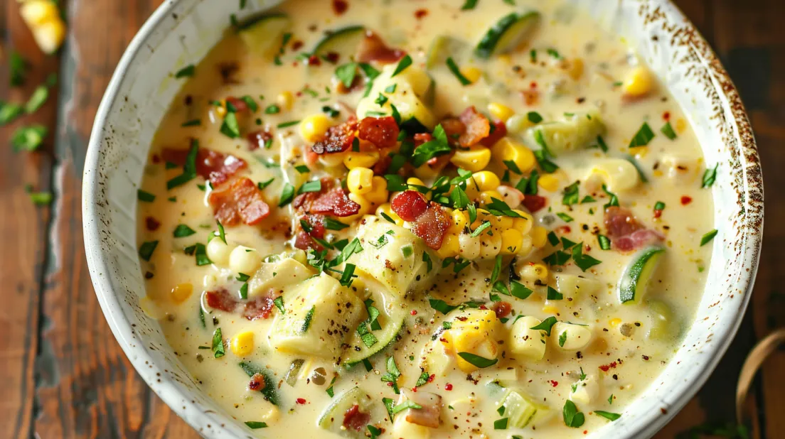 A bowl of corn and zucchini chowder.