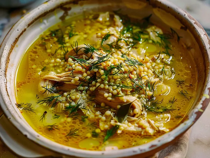 A bowl of soup with chicken and herbs.