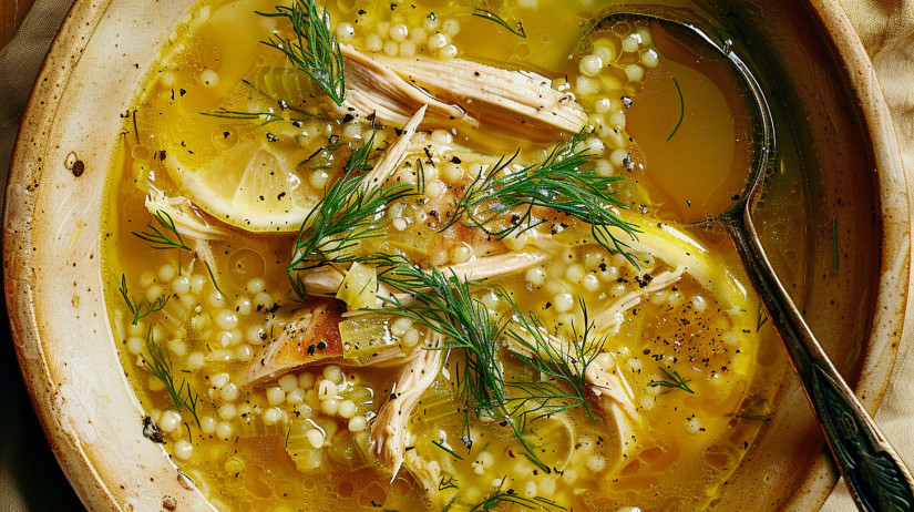 Lemon chicken couscous soup with onions and herbs.