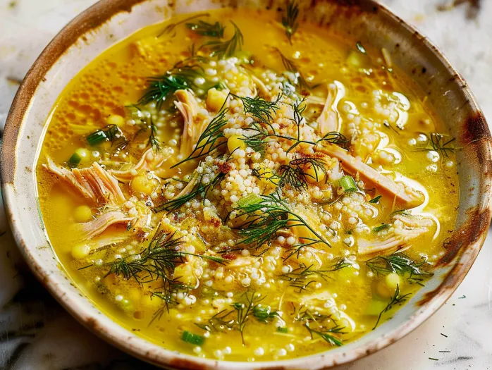 A bowl of soup with chicken, corn, and rice.