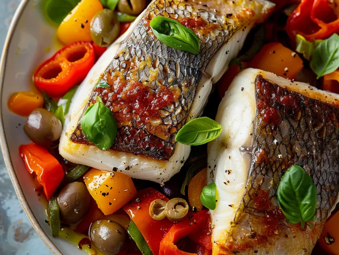 A plate of sea bass with olives and peppers.