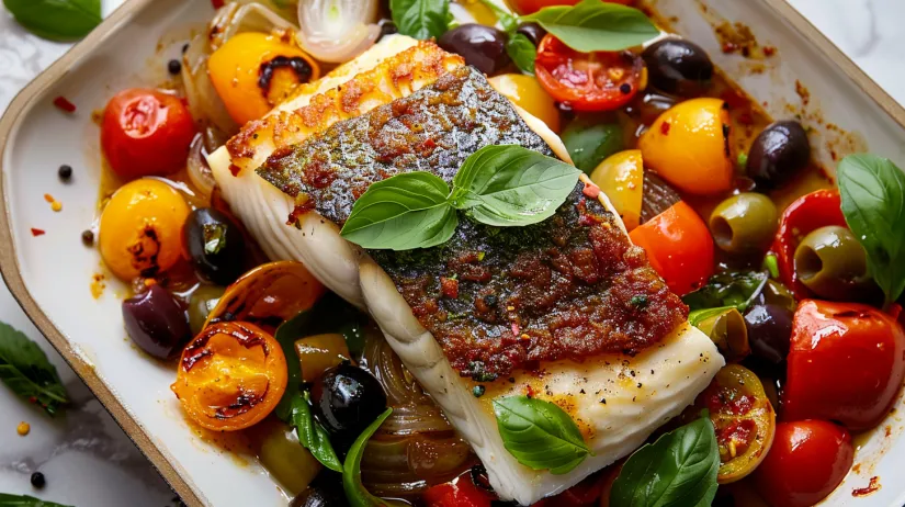 A piece of Chilean sea bass with olives on top.