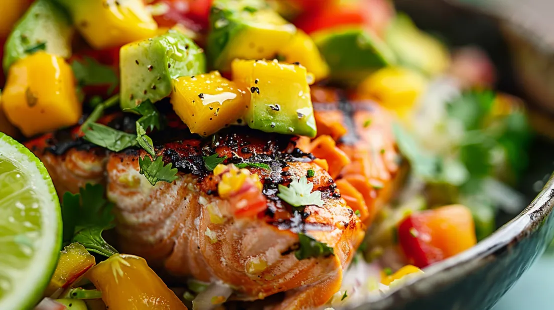 A close up of a piece of salmon with a mango salsa.