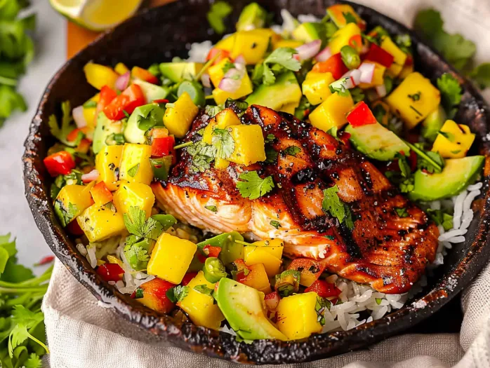 A dish of salmon with mango salsa.