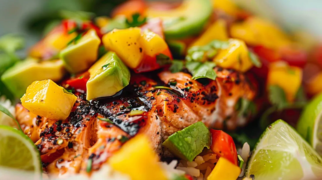A close up of a piece of salmon with mango salsa.
