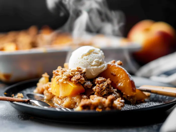 A close up of a peach apple crisp with a scoop of ice cream on top.