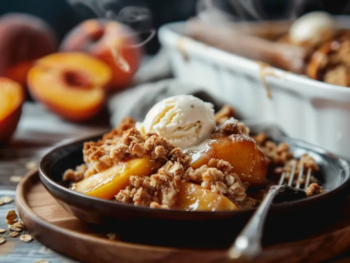 A bowl of peach apple crisp with a spoon in it.