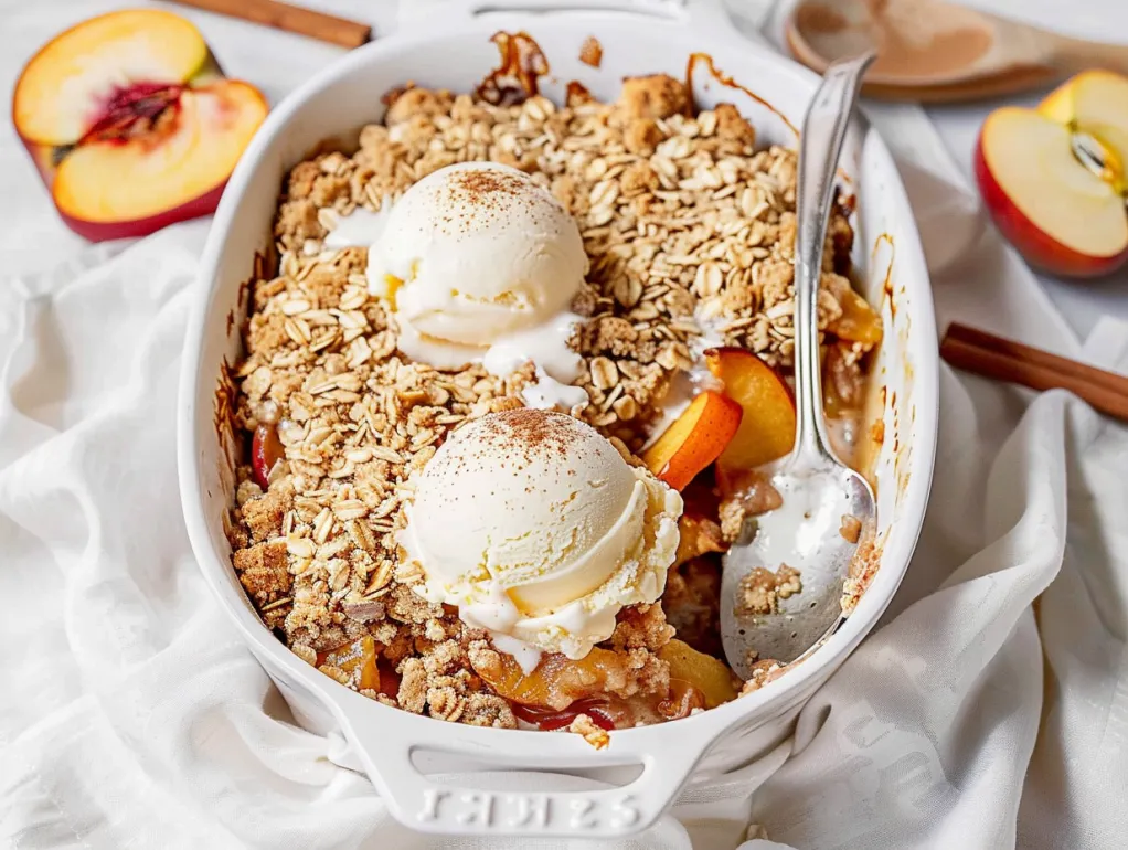 A bowl of peach apple crisp with two scoops of ice cream.