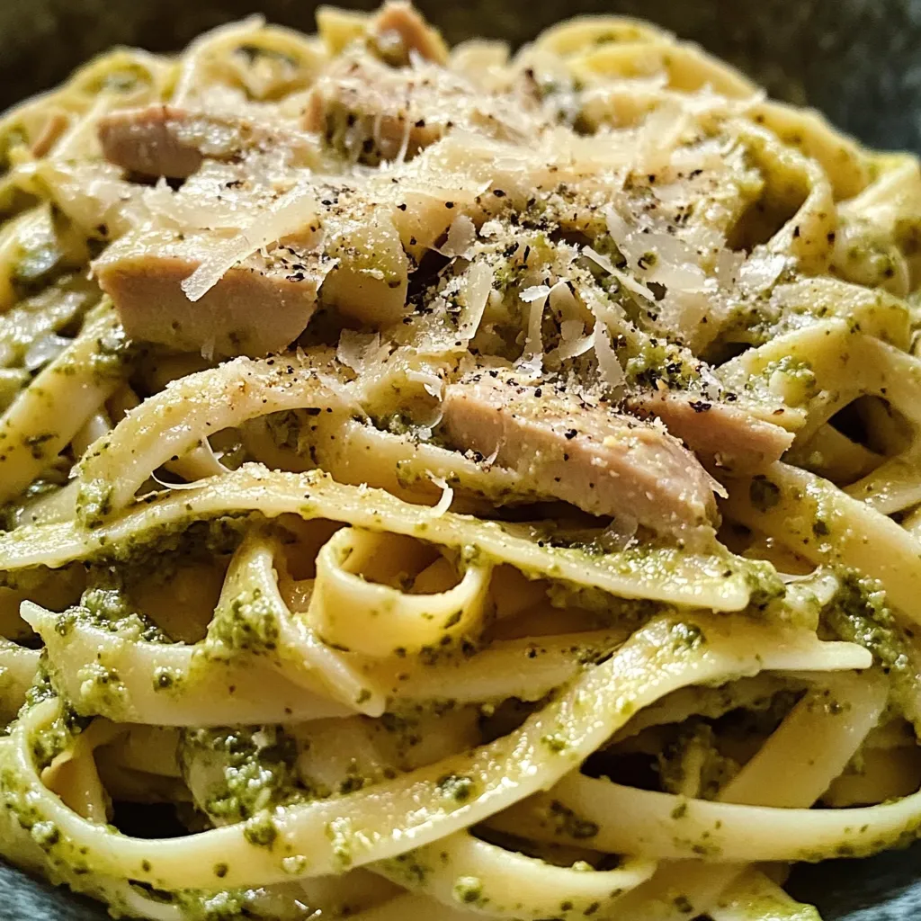 A bowl of creamy tuna pesto pasta.