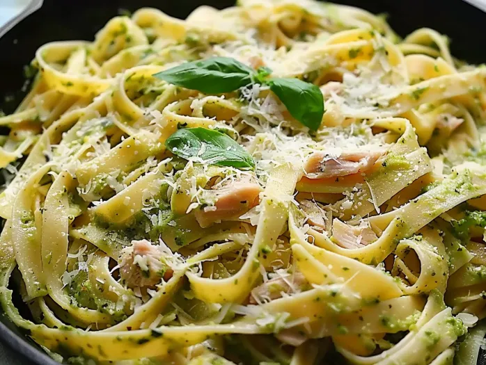 A dish of pasta with a creamy tuna pesto sauce.