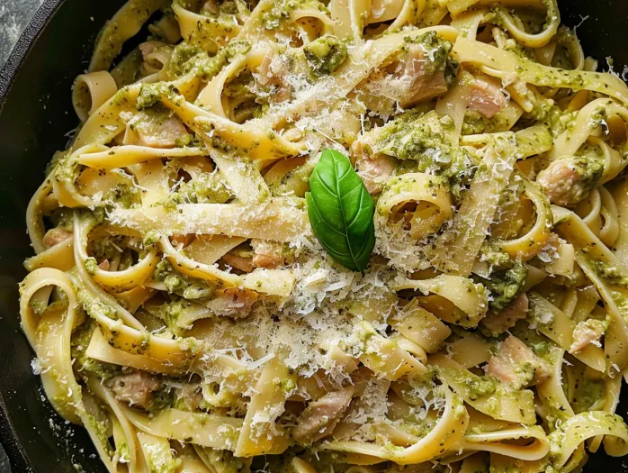A bowl of creamy tuna pesto pasta.