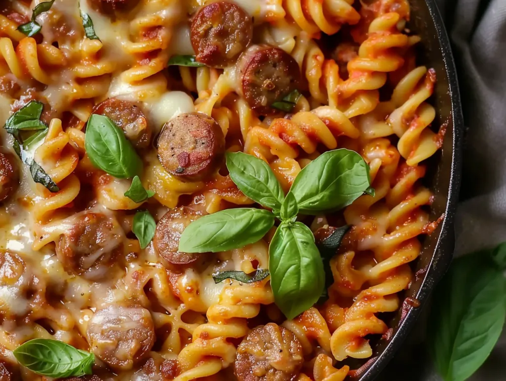 A close up of a delicious one pot cheesy sausage pasta.