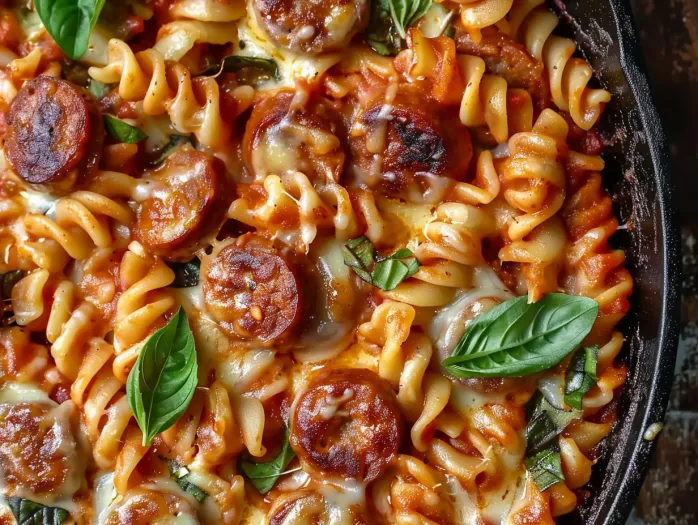 A delicious one pot cheesy sausage pasta.