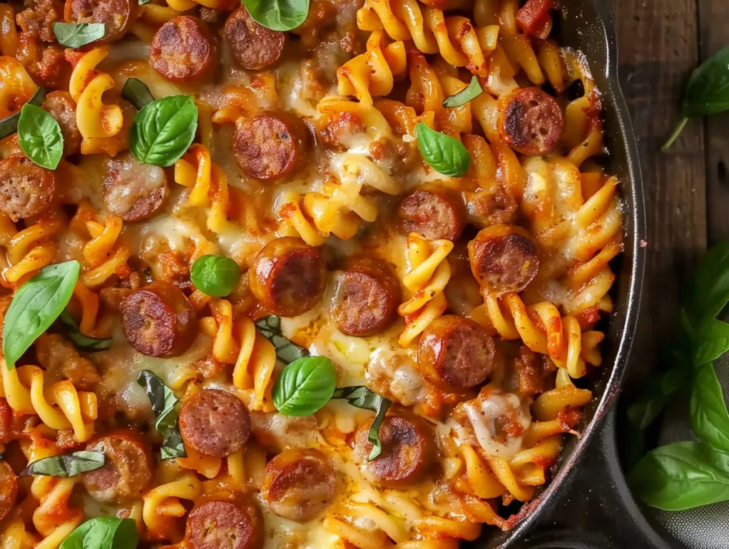 A delicious one pot cheesy sausage pasta.