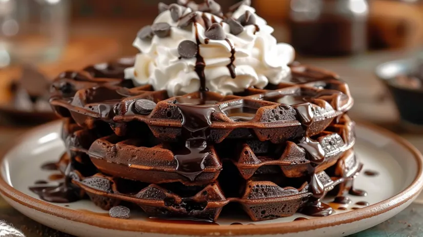 A plate of chocolate waffles with whipped cream.