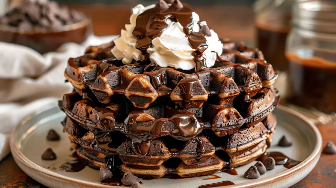 A plate of chocolate waffles with whipped cream on top.