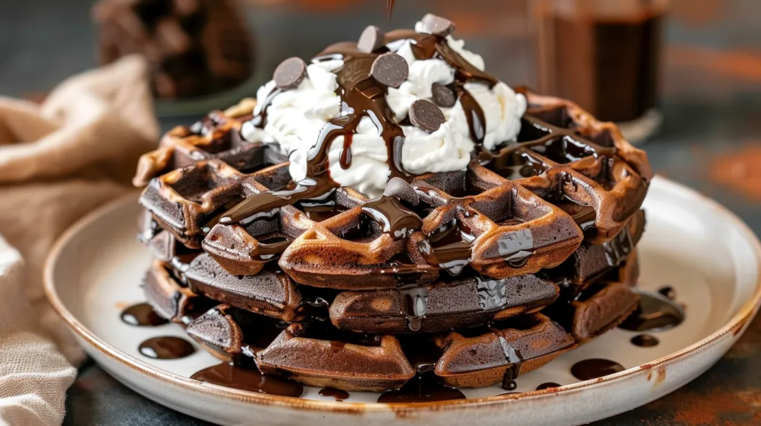 A stack of chocolate waffles with whipped cream on top.