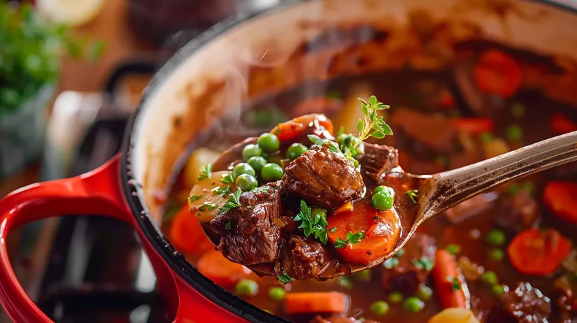 A close up of a spoon in a savory Dutch oven beef stew.