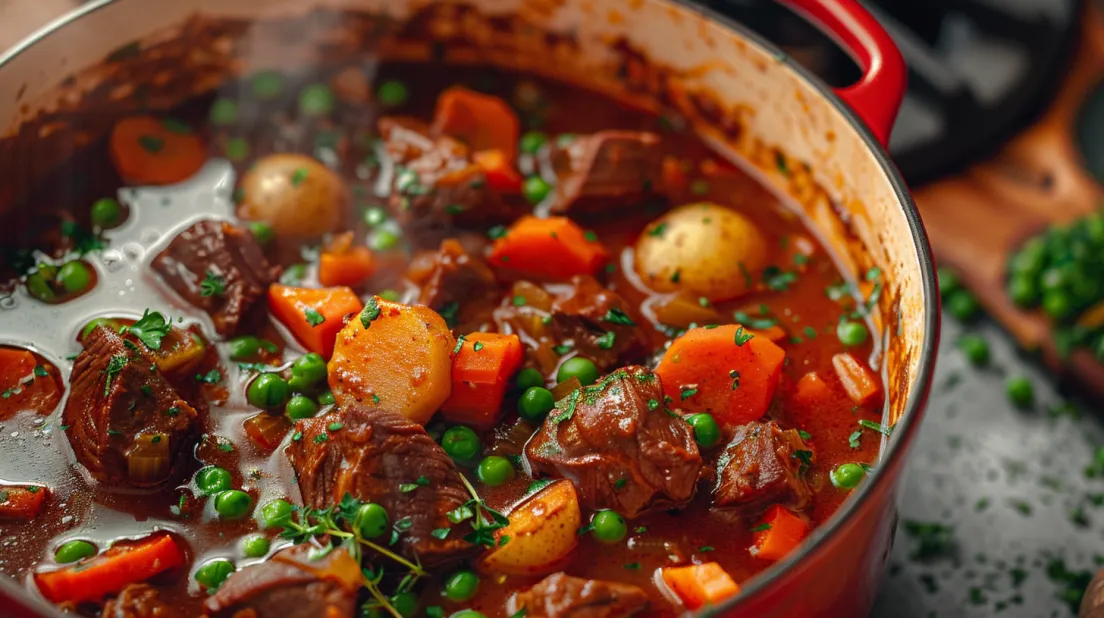 A Dutch oven filled with a savory beef stew.