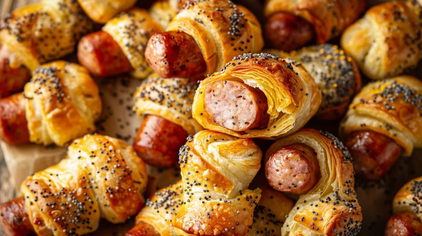 Pigs in a blanket on a table.